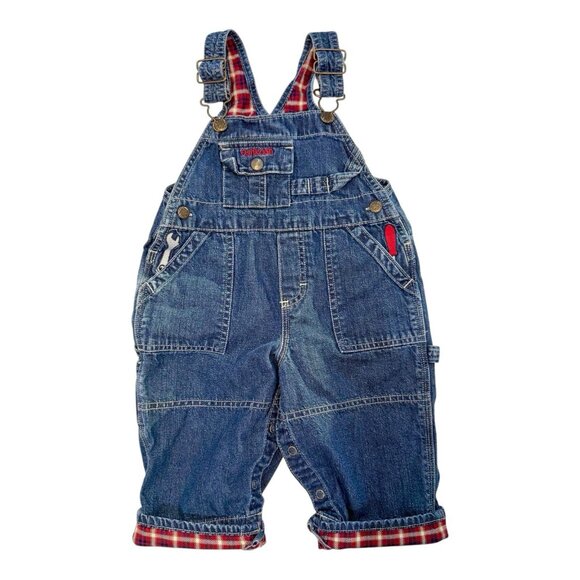 Vtg OshKosh B'Gosh Denim Overalls Toddler Embroidered Tools Plaid Flannel 12 Mo - Picture 1 of 13